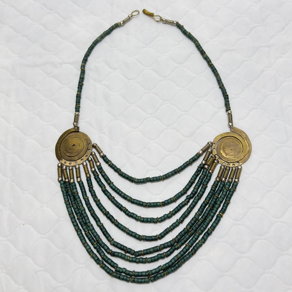 Vintage ArtistMade Necklace Faux Turquoise Beads Tribal Brass Unique MultiStrand